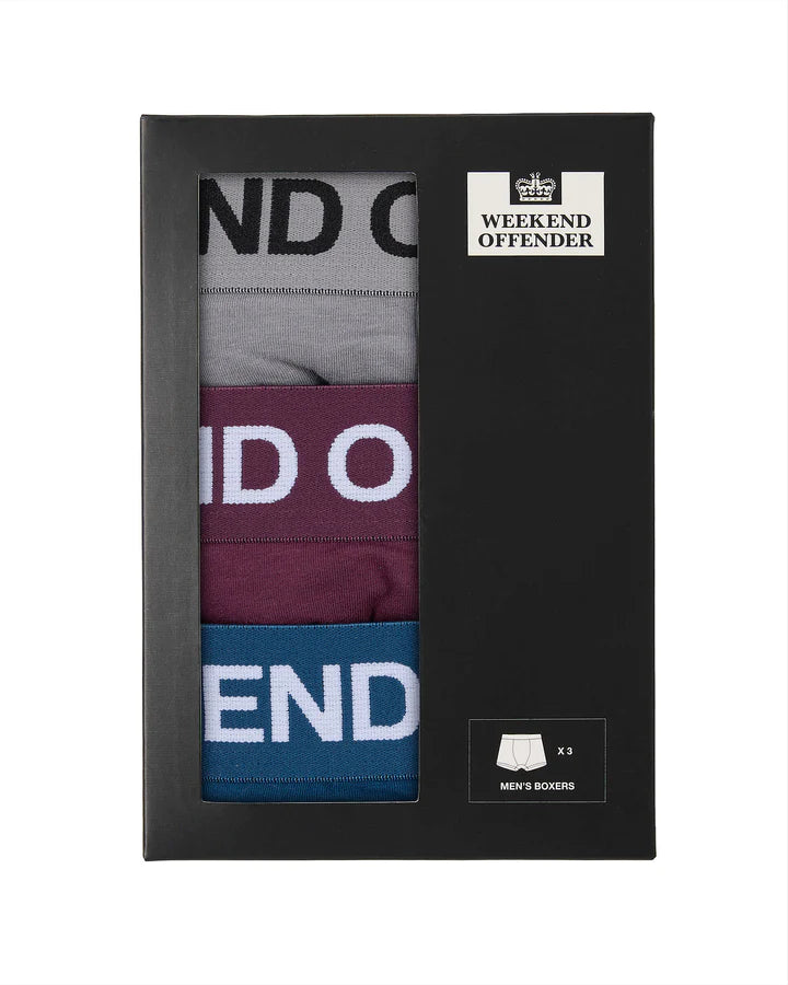 Weekend Offender 3 Pack Boxers Shorts Grey/Plum/Blue