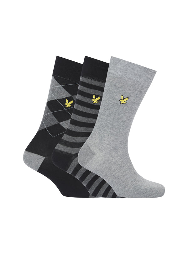 Lyle & Scott Barwood 3 Pack Plain/Argyle/Stripe Socks Grey Marl