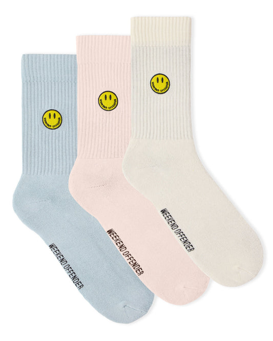 Weekend Offender 3 Pack Smiley Socks Pink/Blue/Cream