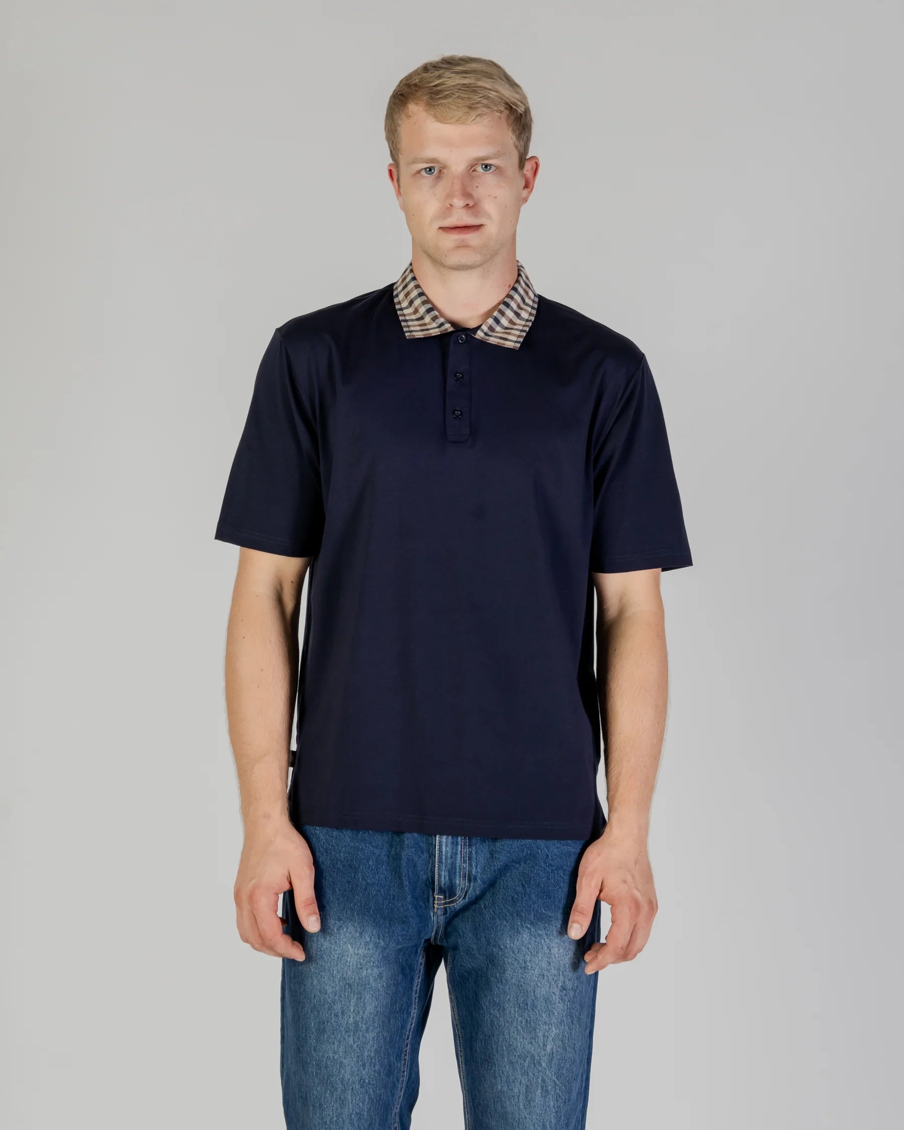 Aquascutum Active Check Rib Collar Polo Navy