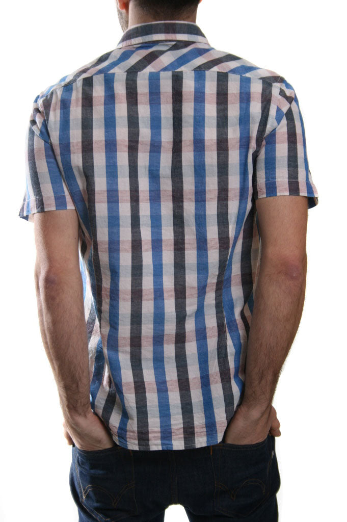 Lee Short Sleeved Linen Check Shirt in Intense Blue