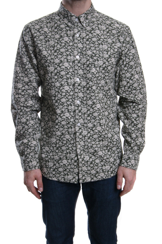 Edwin Allover Flower Print Linen Shirt in Khaki