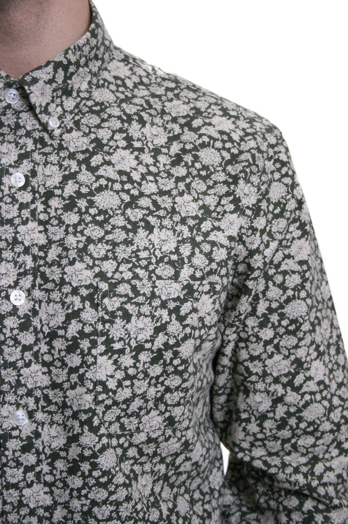 Edwin Allover Flower Print Linen Shirt in Khaki