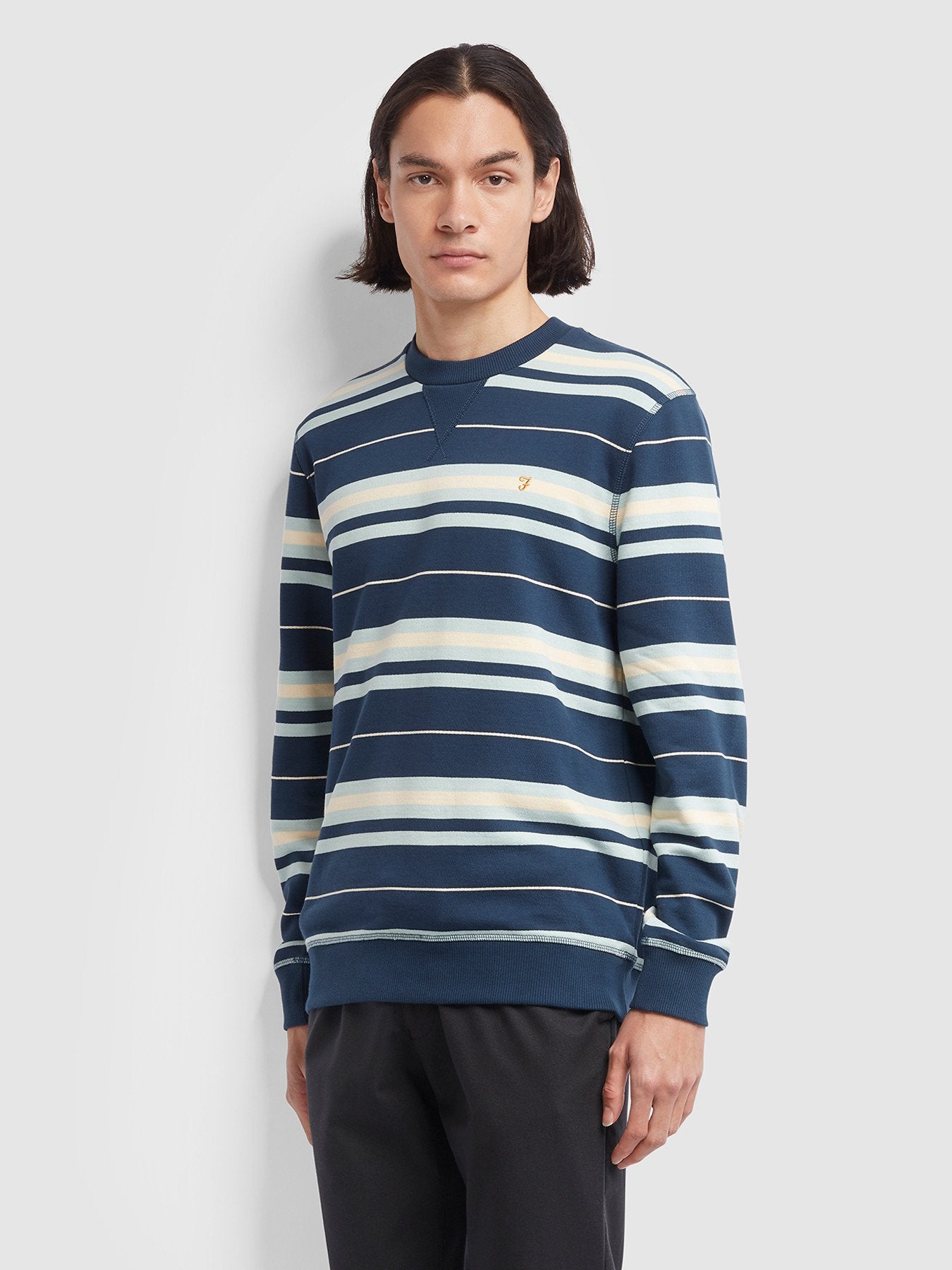 Farah Noble Cotton Striped Crew Neck Sweatshirt In Yale